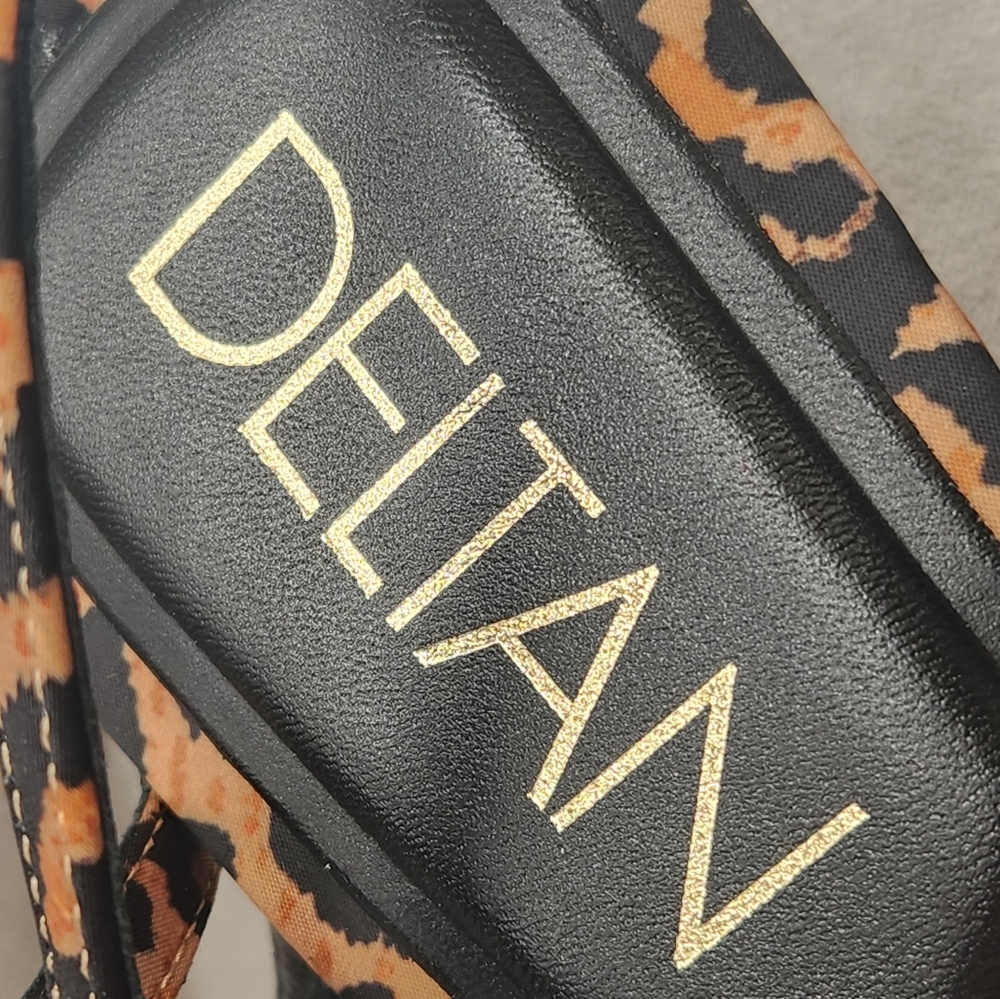 Deltan Dressy Sandals 10 Brown Satin Amayah Leopard Print Black Rosette New $110 - Picture 13 of 15